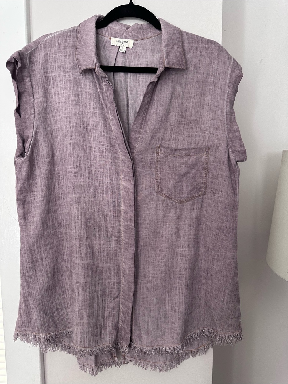 Umgee Dusty Lavender Linen Blend Fringed Hem Oversized Pocket Top Sz S